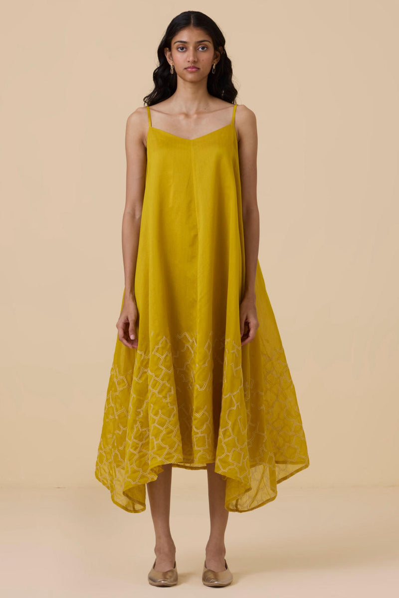 Inaya Yellow Handwoven Resort Dress chanderi by The Summer House in yellow color for women in Singapore