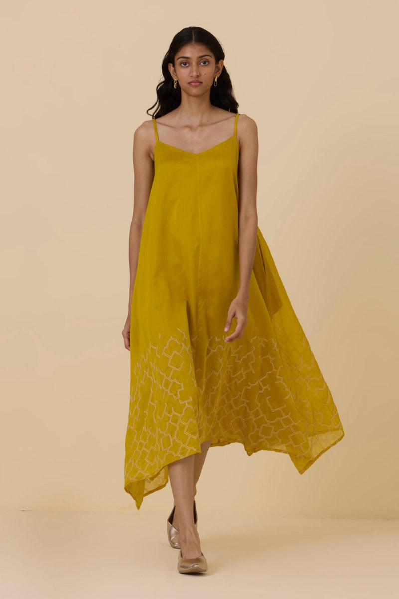Inaya Yellow Handwoven Resort Dress chanderi by The Summer House in yellow color for women in Singapore