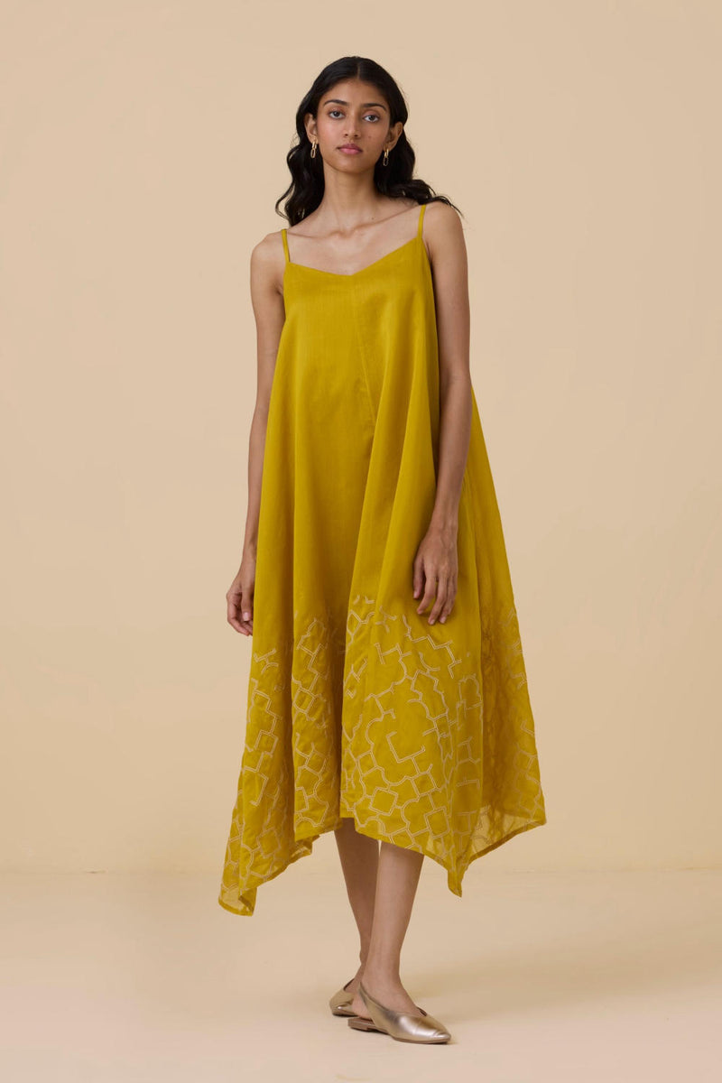 Inaya Yellow Handwoven Resort Dress chanderi by The Summer House in yellow color for women in Singapore