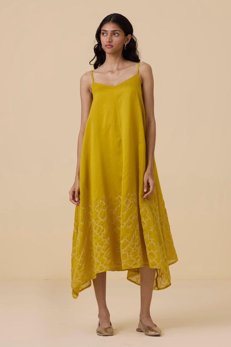 Inaya Yellow Handwoven Resort Dress chanderi by The Summer House in yellow color for women in Singapore