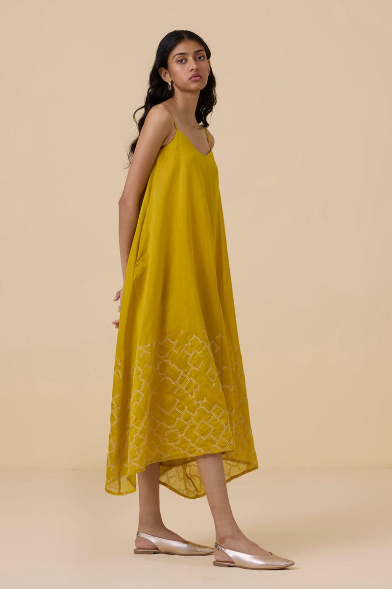 Inaya Yellow Handwoven Resort Dress chanderi by The Summer House in yellow color for women in Singapore