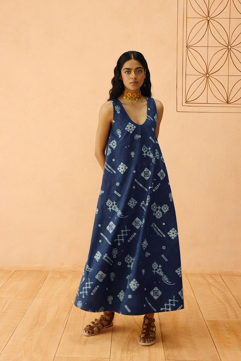 Indigo Ornament Organic Cotton Maxi Dress organic cotton poplin dress by SUI in indigo for women in Singapore