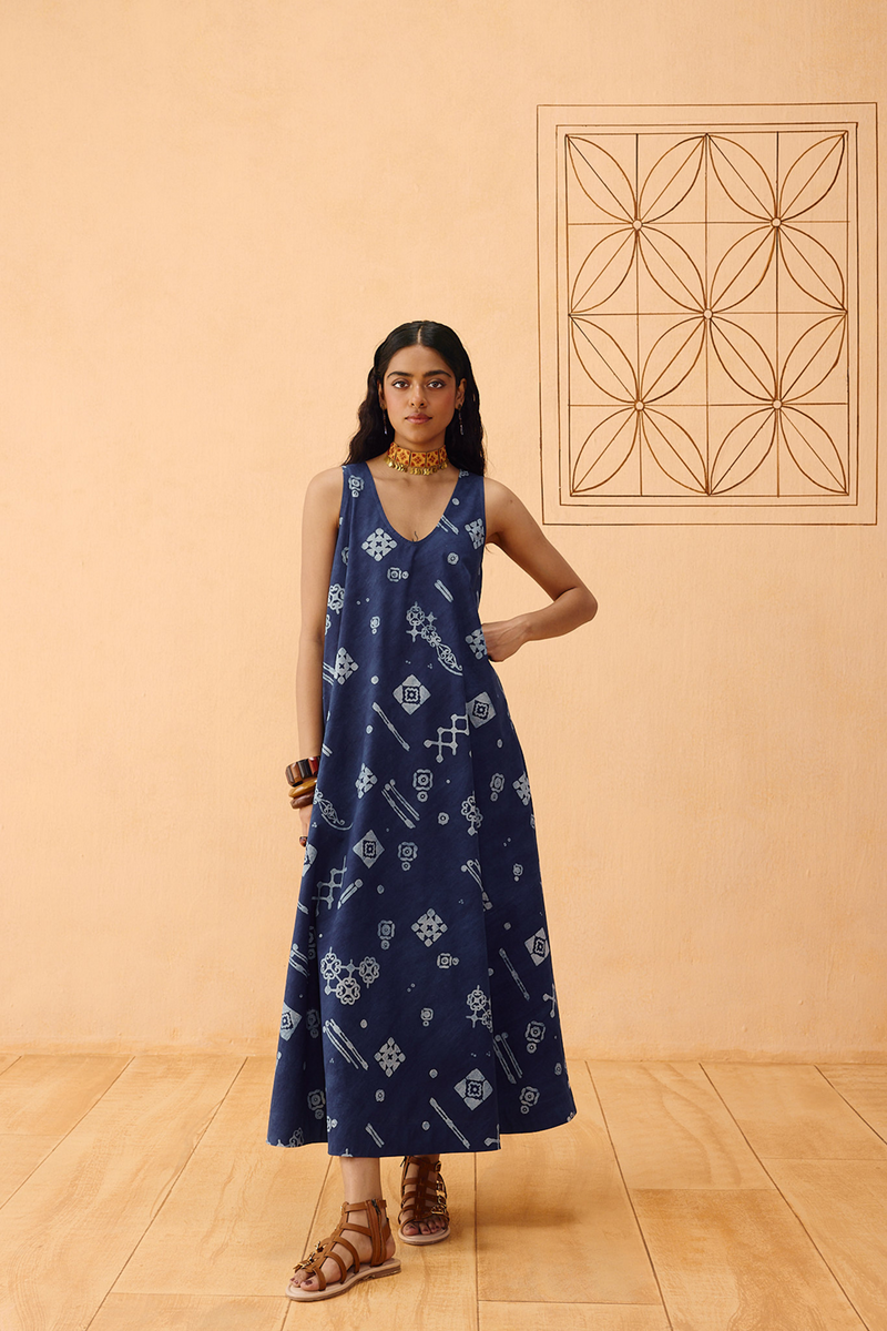 Indigo Ornament Organic Cotton Maxi Dress organic cotton poplin dress by SUI in indigo for women in Singapore
