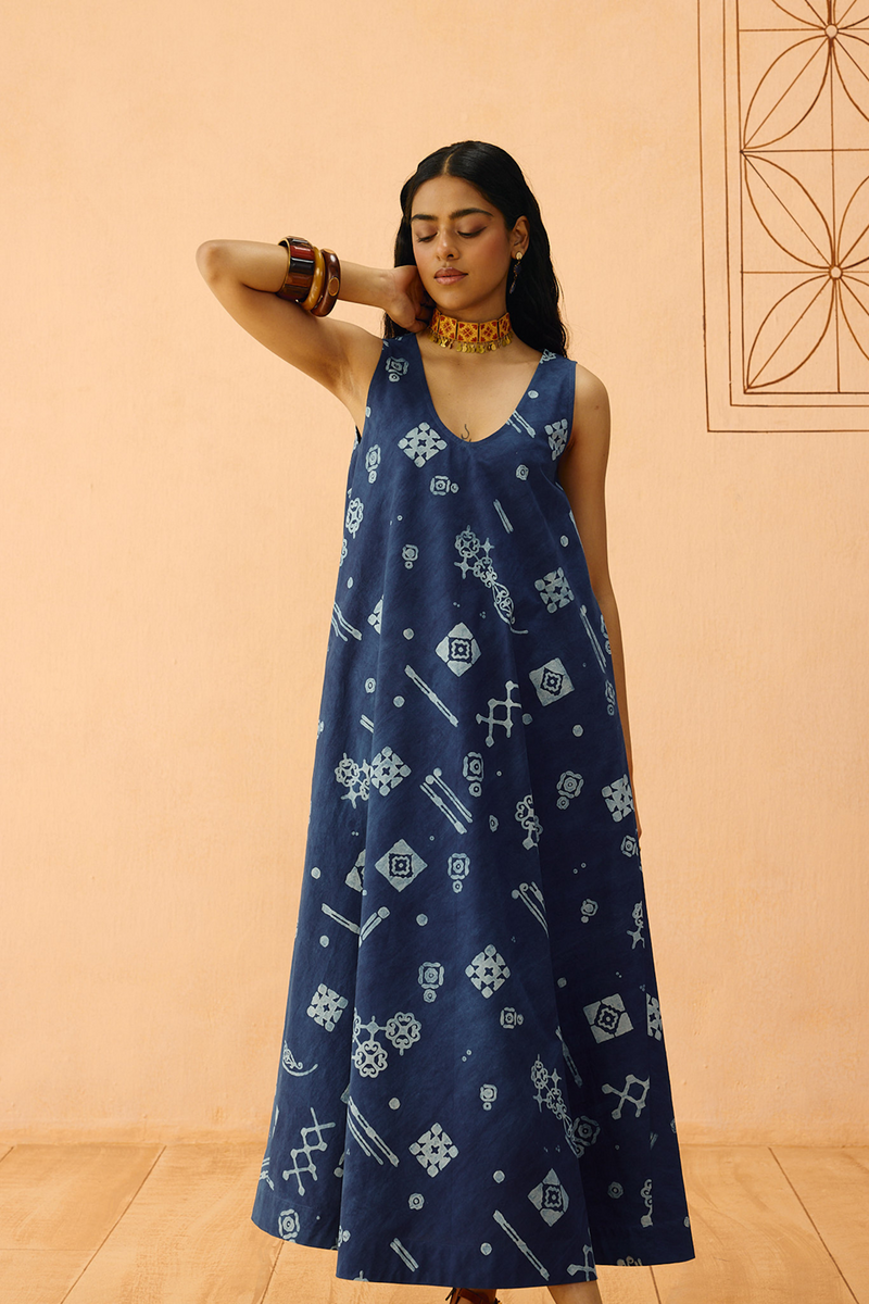 Indigo Ornament Organic Cotton Maxi Dress organic cotton poplin dress by SUI in indigo for women in Singapore