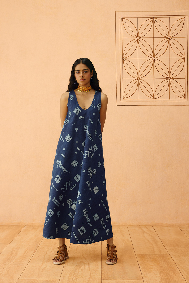 Indigo Ornament Organic Cotton Maxi Dress organic cotton poplin dress by SUI in indigo for women in Singapore