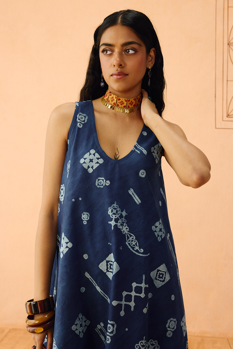 Indigo Ornament Organic Cotton Maxi Dress organic cotton poplin dress by SUI in indigo for women in Singapore