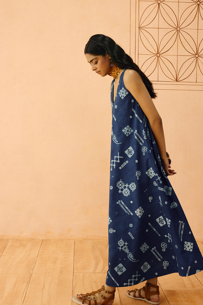 Indigo Ornament Organic Cotton Maxi Dress organic cotton poplin dress by SUI in indigo for women in Singapore
