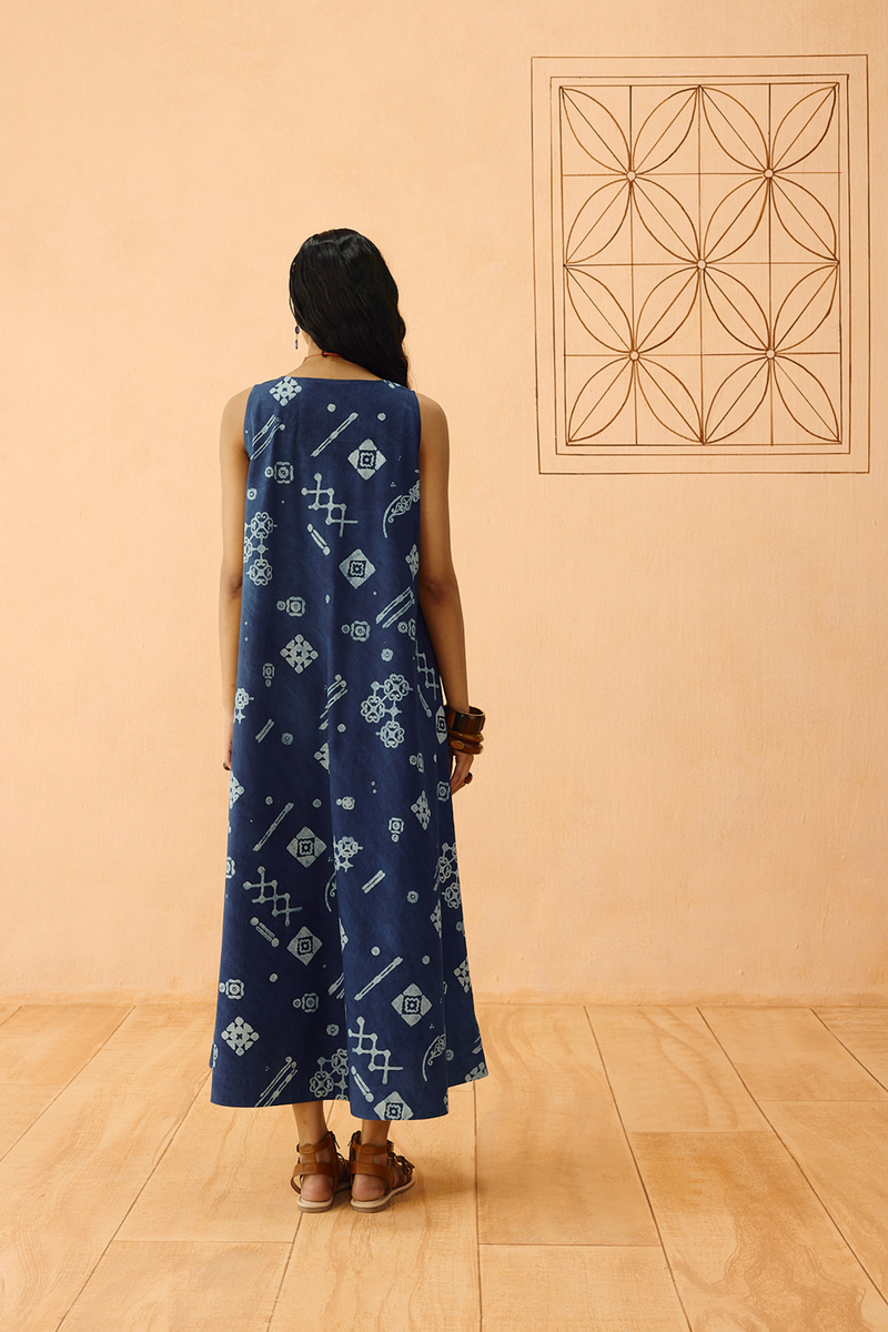 Indigo Ornament Organic Cotton Maxi Dress organic cotton poplin dress by SUI in indigo for women in Singapore