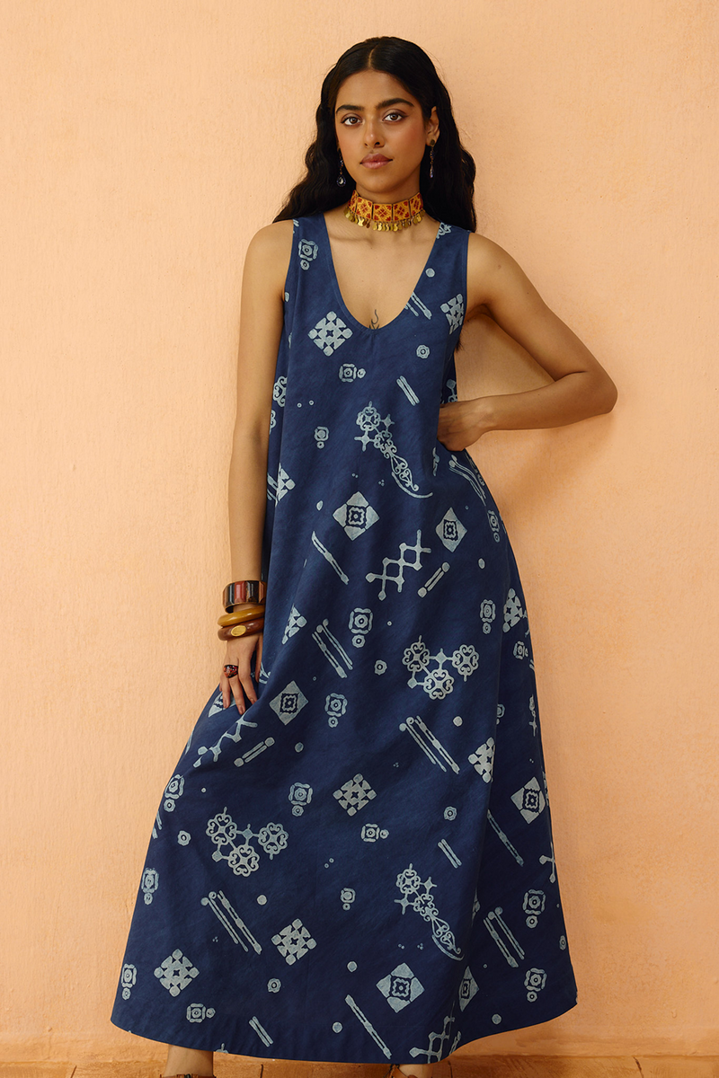 Indigo Ornament Organic Cotton Maxi Dress organic cotton poplin dress by SUI in indigo for women in Singapore