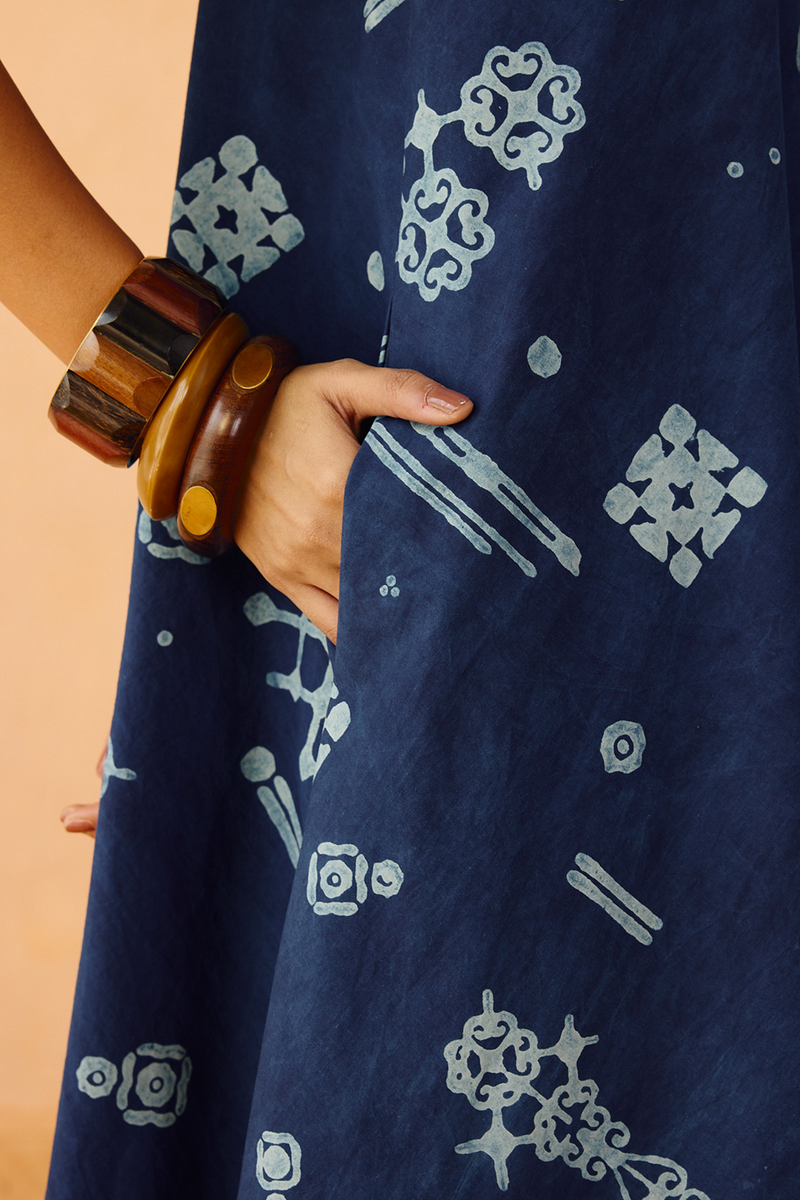 Indigo Ornament Organic Cotton Maxi Dress organic cotton poplin dress by SUI in indigo for women in Singapore