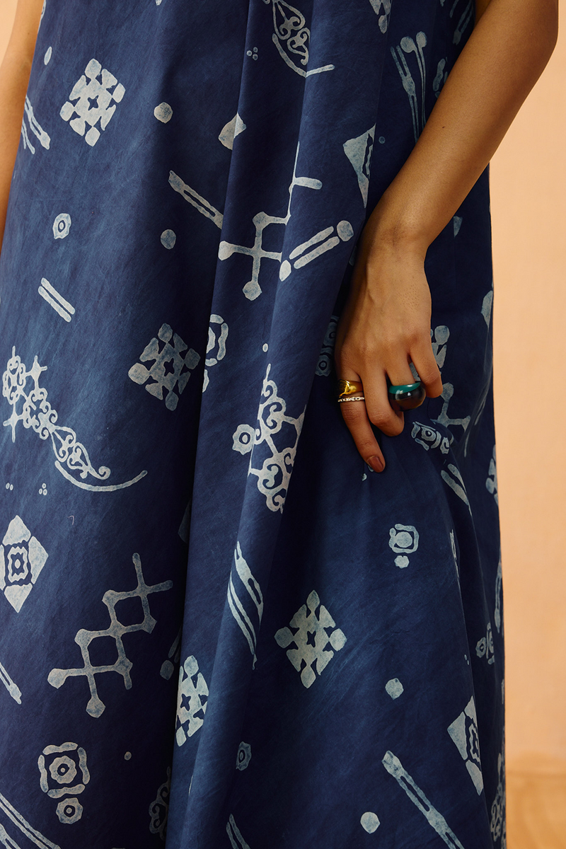 Indigo Ornament Organic Cotton Maxi Dress organic cotton poplin dress by SUI in indigo for women in Singapore