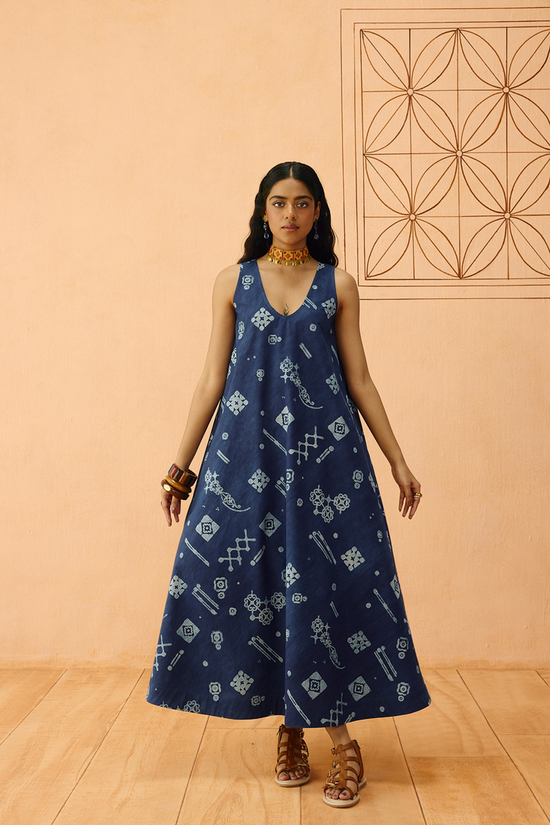 Indigo Ornament Organic Cotton Maxi Dress organic cotton poplin dress by SUI in indigo for women in Singapore