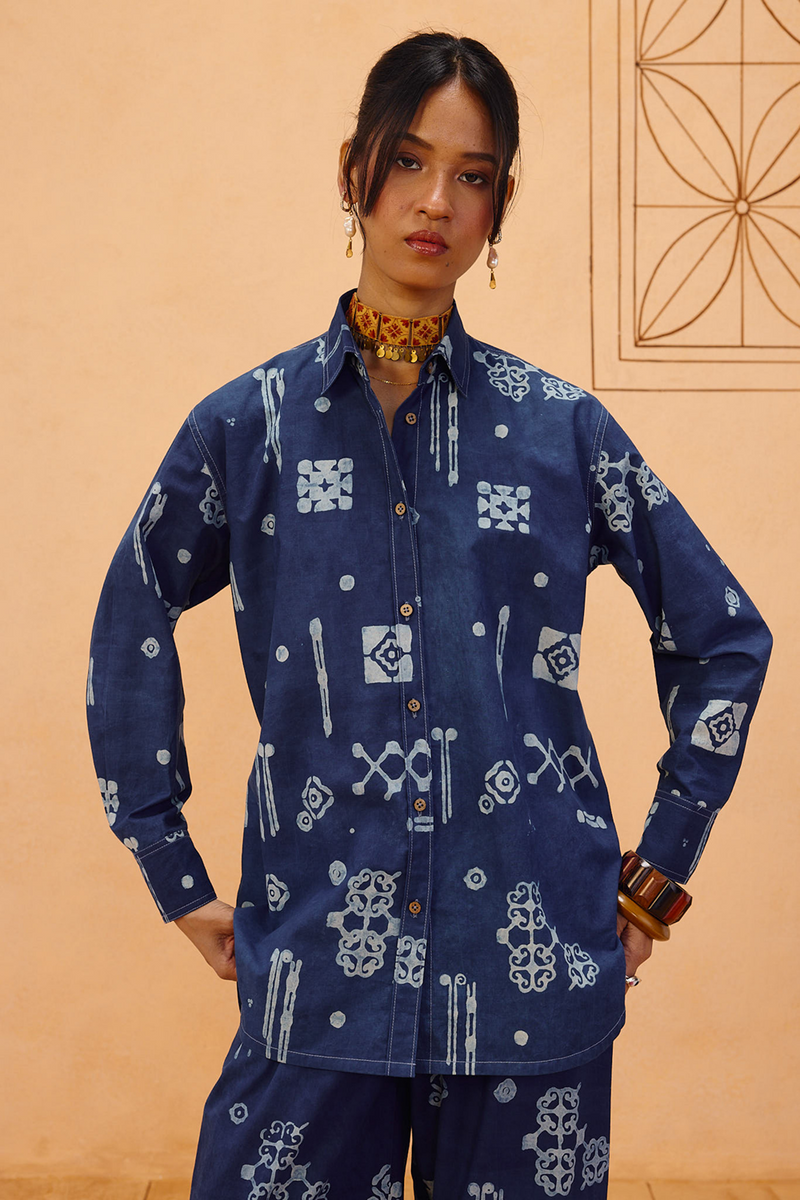 Indigo Patterns Organic Cotton Shirt organic cotton poplin top/shirt by SUI in indigo for women in Singapore