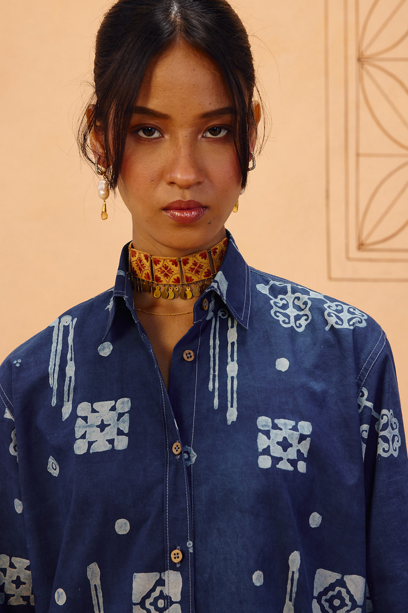 Indigo Patterns Organic Cotton Shirt organic cotton poplin top/shirt by SUI in indigo for women in Singapore