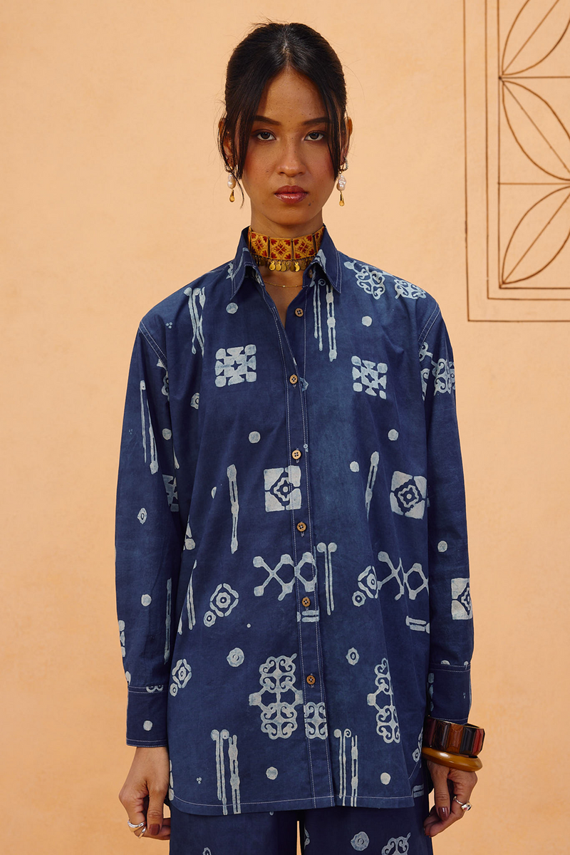 Indigo Patterns Organic Cotton Shirt organic cotton poplin top/shirt by SUI in indigo for women in Singapore