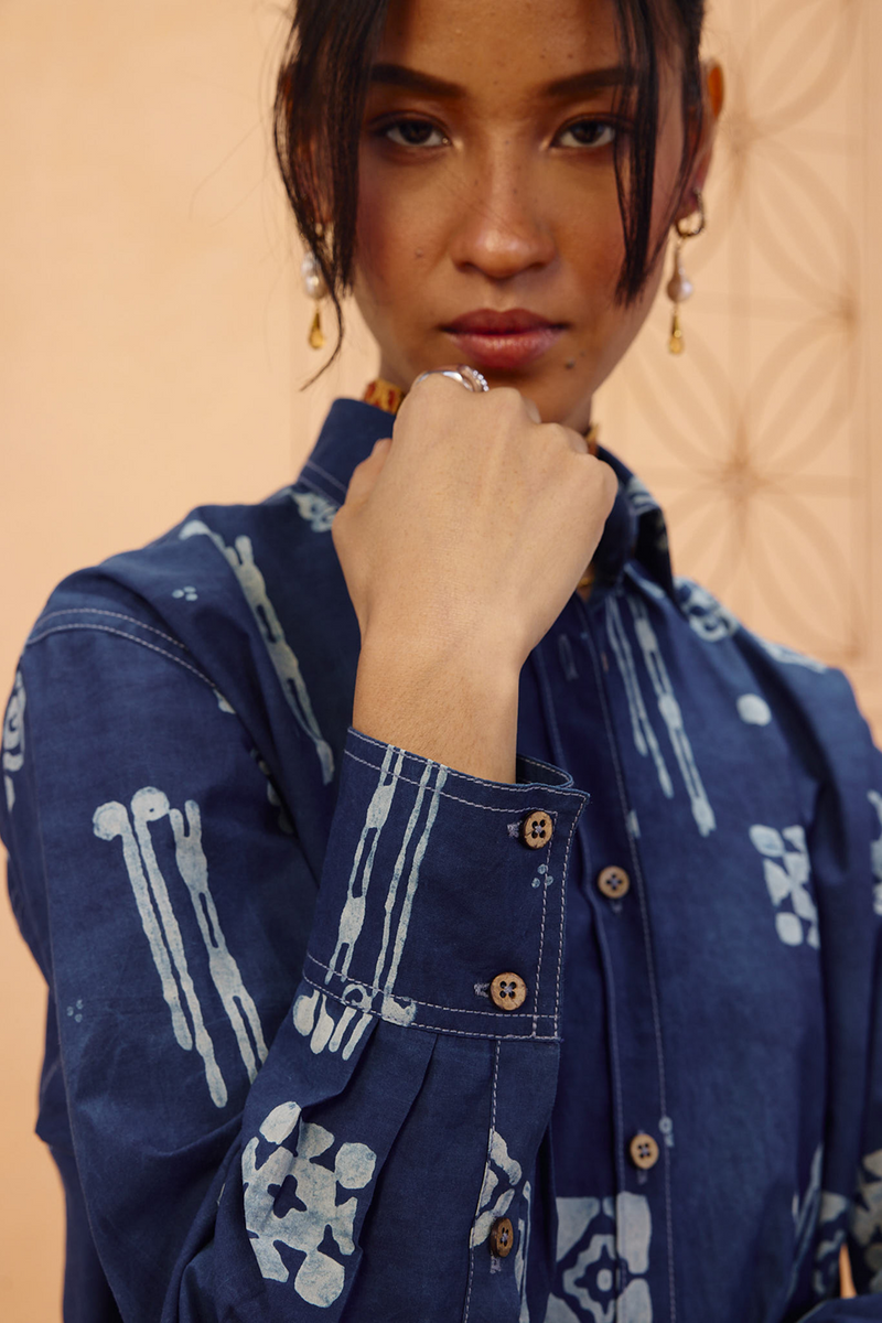 Indigo Patterns Organic Cotton Shirt organic cotton poplin top/shirt by SUI in indigo for women in Singapore