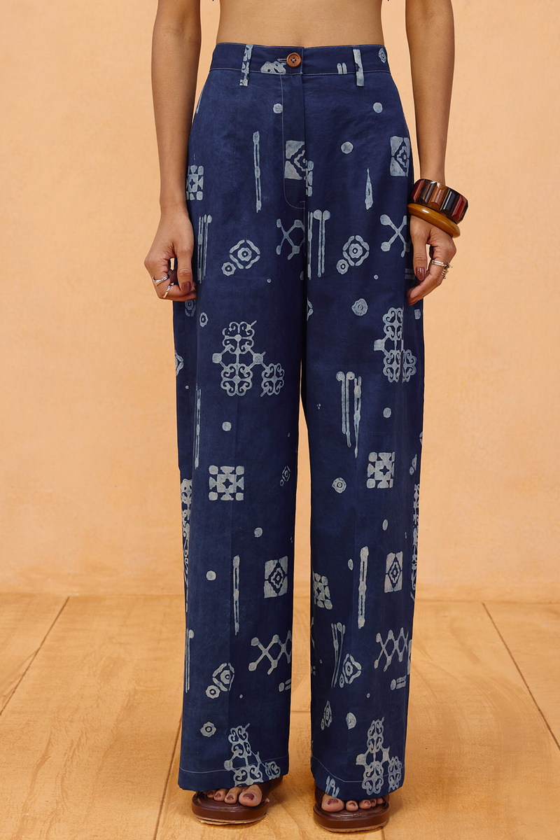 Indigo Patterns Organic Cotton Trousers organic cotton poplin pant/trouser by SUI in indigo for women in Singapore