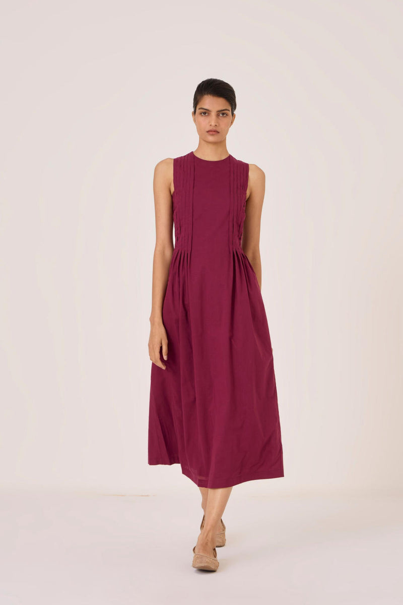 Indika Burgundy Pleated Dress cotton by The Summer House for women in Singapore