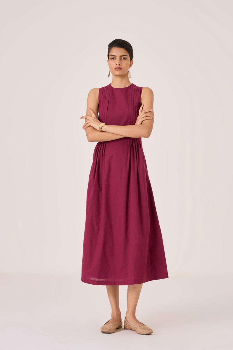 Indika Burgundy Pleated Dress cotton by The Summer House for women in Singapore