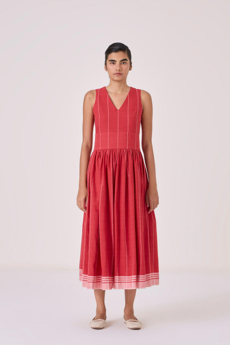 Ishara Handwoven Red Striped Dress cotton by The Summer House in red color for women in Singapore