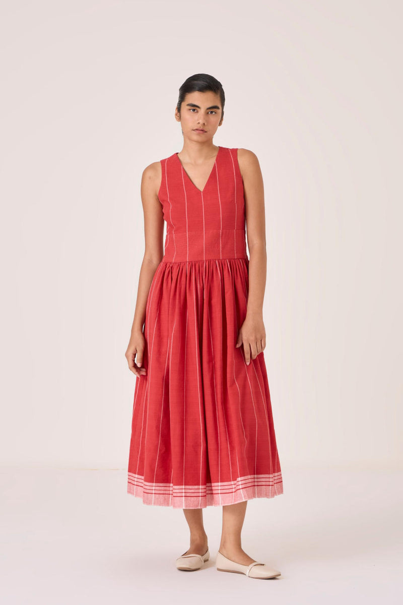 Ishara Handwoven Red Striped Dress cotton by The Summer House in red color for women in Singapore