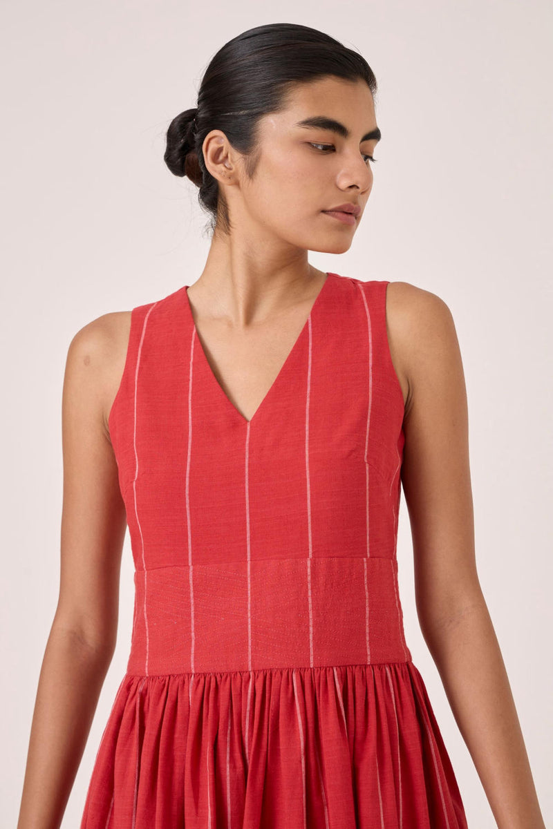Ishara Handwoven Red Striped Dress cotton by The Summer House in red color for women in Singapore