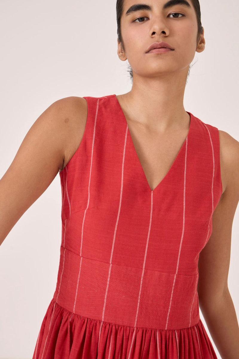 Ishara Handwoven Red Striped Dress cotton by The Summer House in red color for women in Singapore
