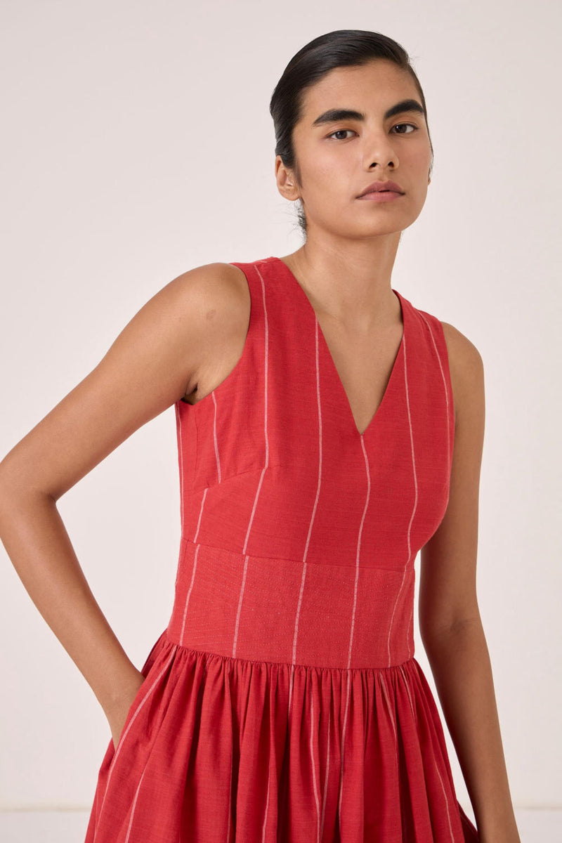 Ishara Handwoven Red Striped Dress cotton by The Summer House in red color for women in Singapore