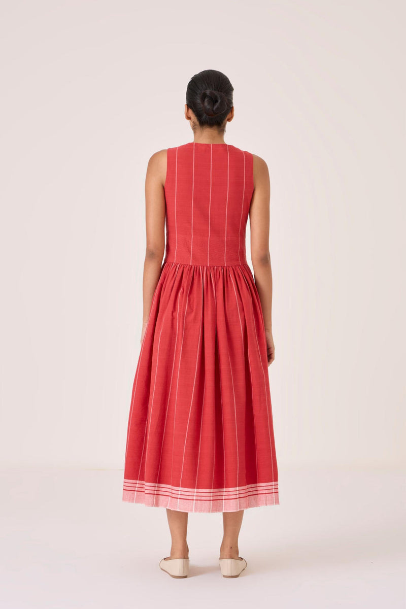 Ishara Handwoven Red Striped Dress cotton by The Summer House in red color for women in Singapore