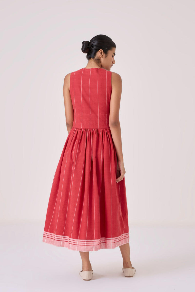 Ishara Handwoven Red Striped Dress cotton by The Summer House in red color for women in Singapore