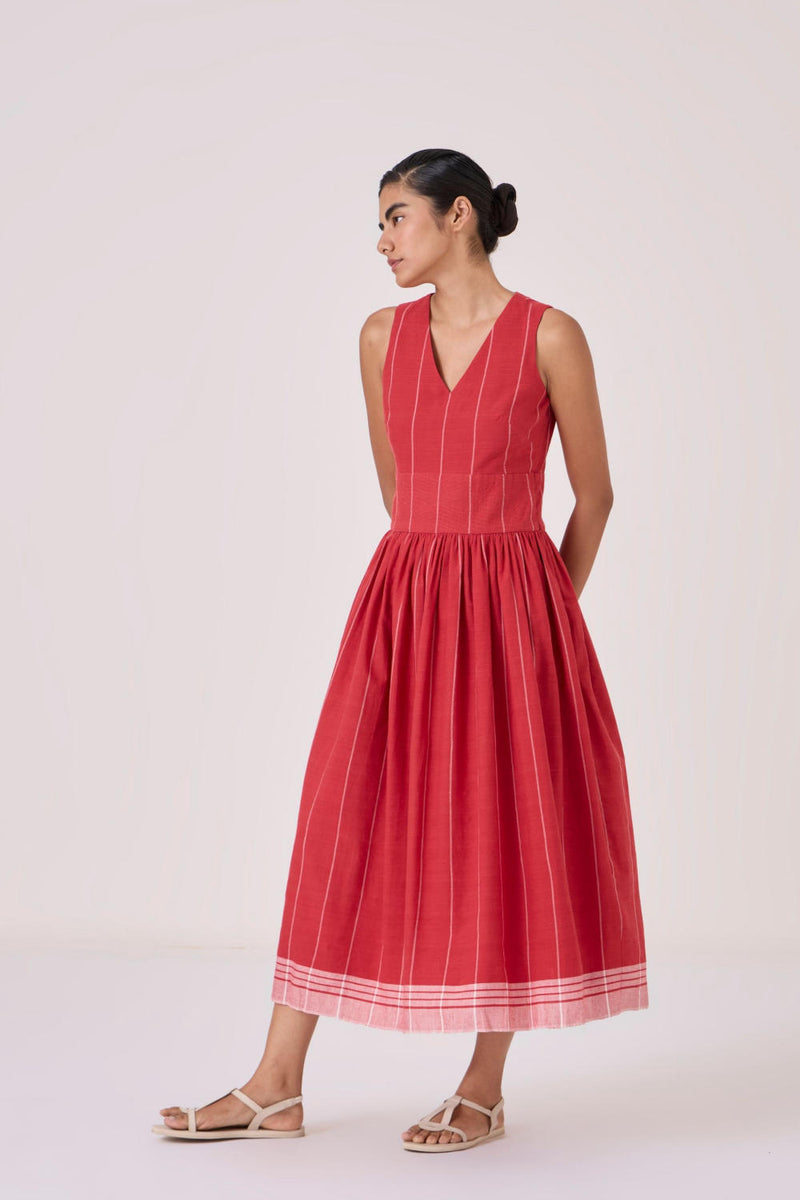 Ishara Handwoven Red Striped Dress cotton by The Summer House in red color for women in Singapore