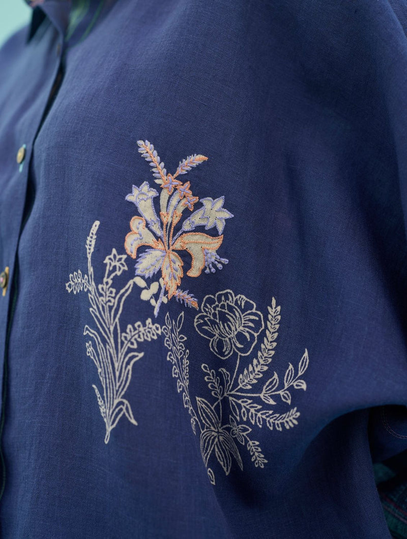 Iva Block Printed Floral Embroidered Shirt - Indigo linen top/shirt by Manan in navy for women in Singapore