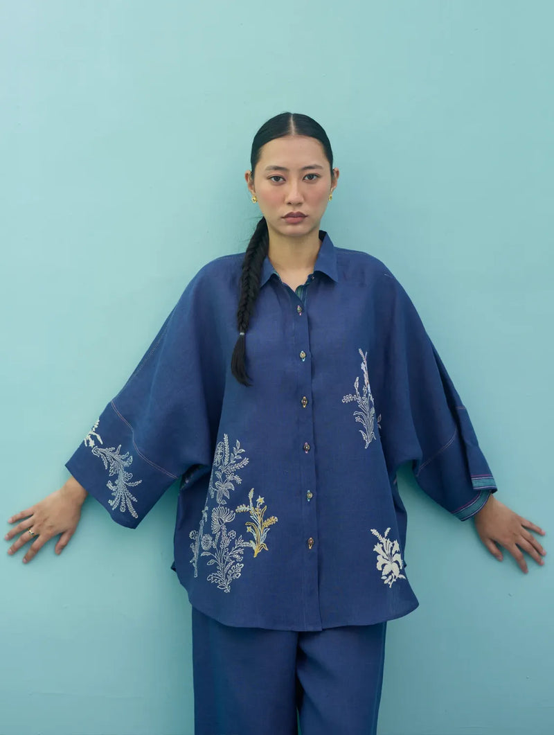 Iva Block Printed Floral Embroidered Shirt - Indigo linen top/shirt by Manan in navy for women in Singapore