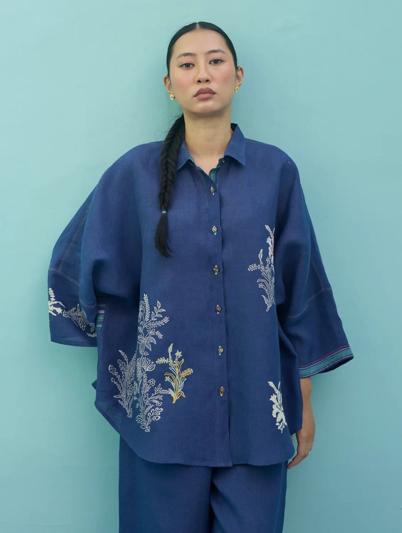 Iva Block Printed Floral Embroidered Shirt - Indigo linen top/shirt by Manan in navy for women in Singapore