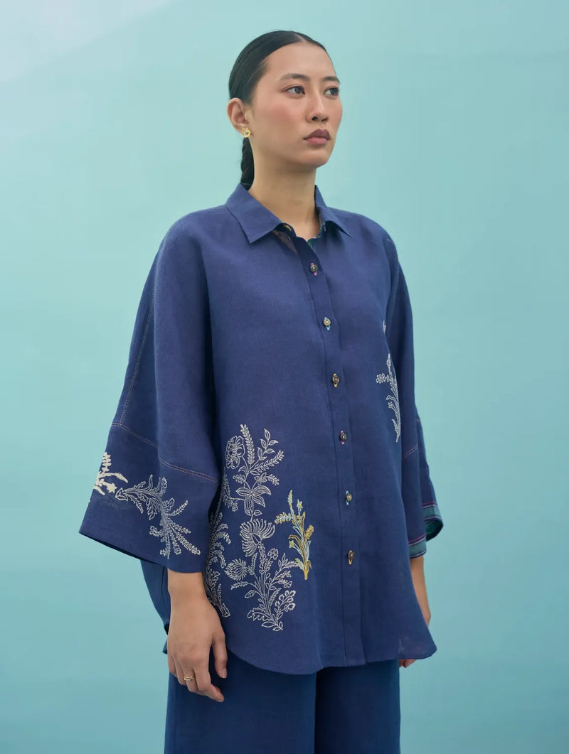 Iva Block Printed Floral Embroidered Shirt - Indigo linen top/shirt by Manan in navy for women in Singapore
