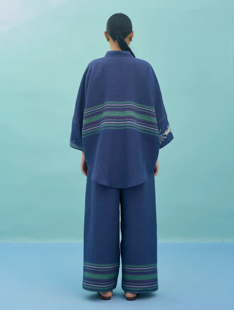 Iva Block Printed Floral Embroidered Shirt - Indigo linen top/shirt by Manan in navy for women in Singapore