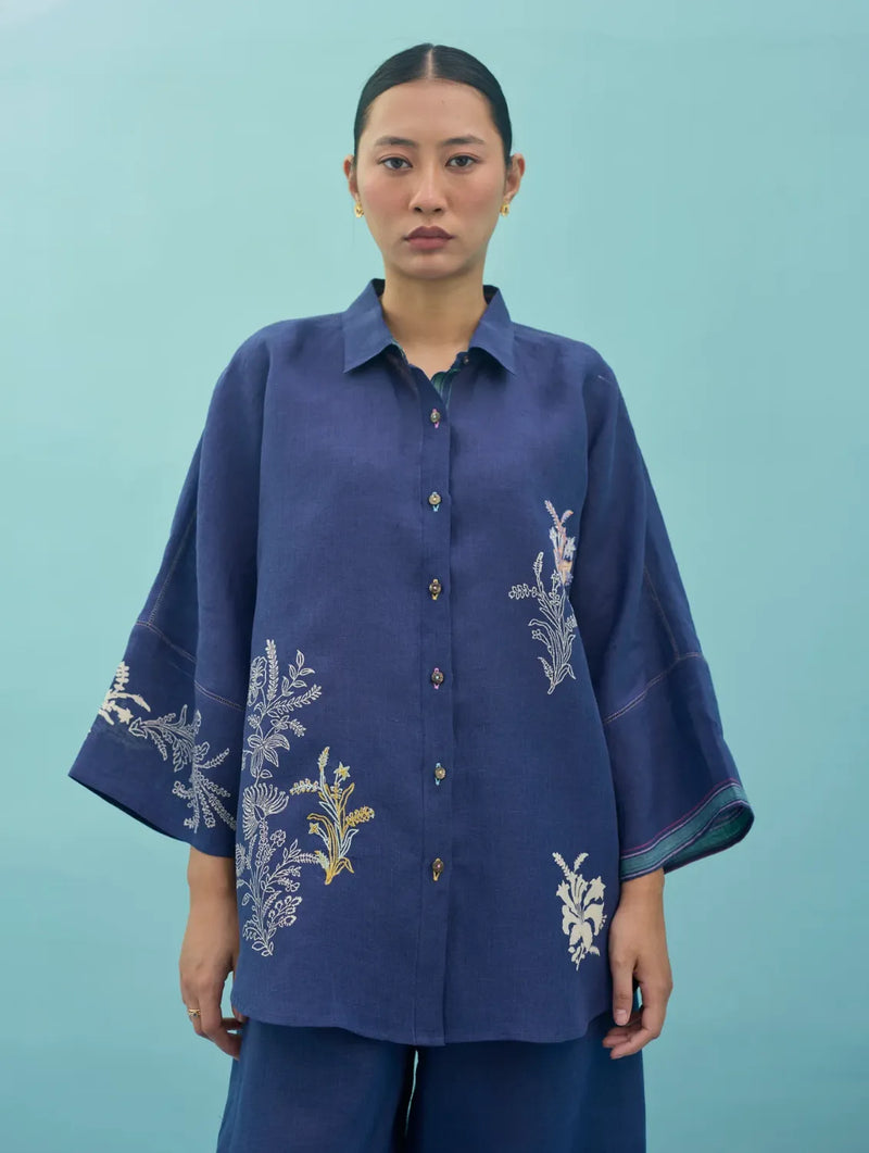 Iva Block Printed Floral Embroidered Shirt - Indigo linen top/shirt by Manan in navy for women in Singapore
