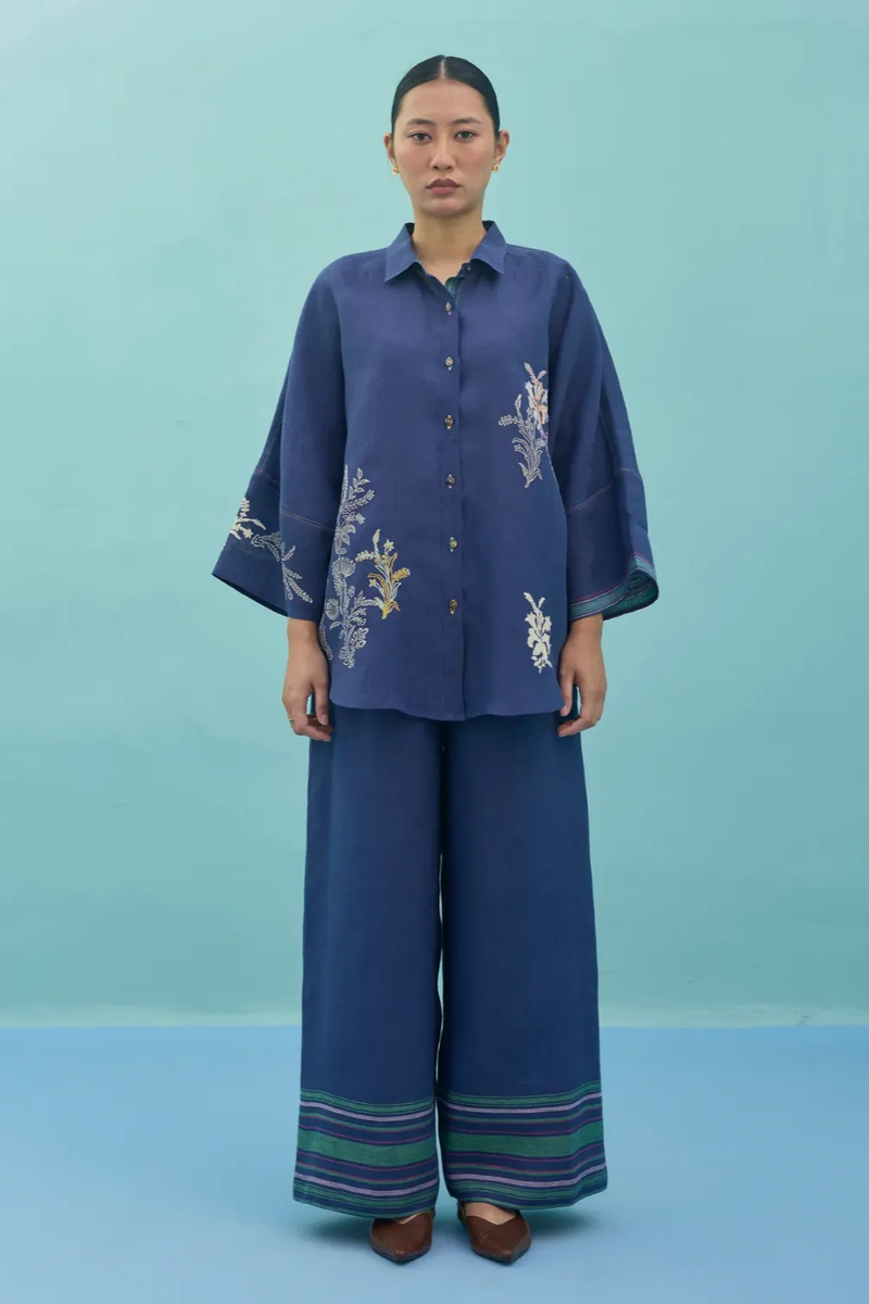 Iva Block Printed Embroidered Co-ord Set - Indigo linen co-ord set by Manan in navy for women in Singapore