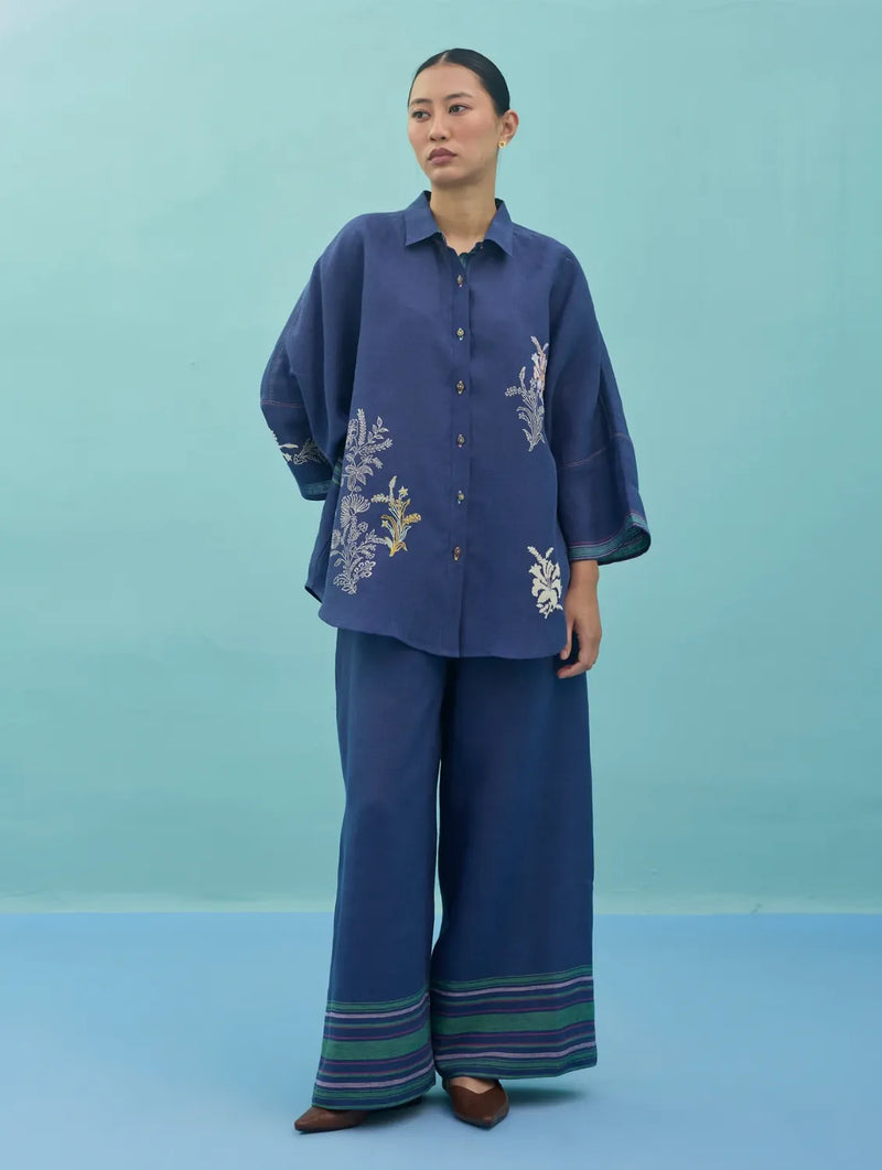 Iva Block Printed Floral Embroidered Shirt - Indigo linen top/shirt by Manan in navy for women in Singapore