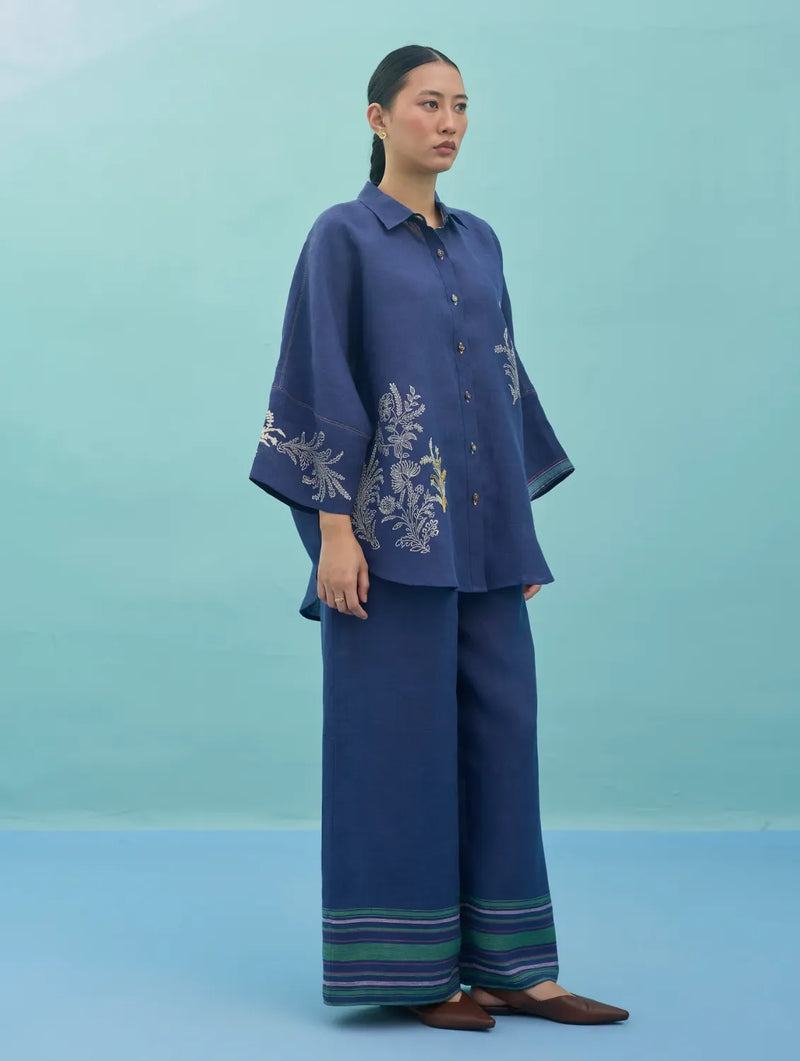 Iva Block Printed Floral Embroidered Shirt - Indigo linen top/shirt by Manan in navy for women in Singapore