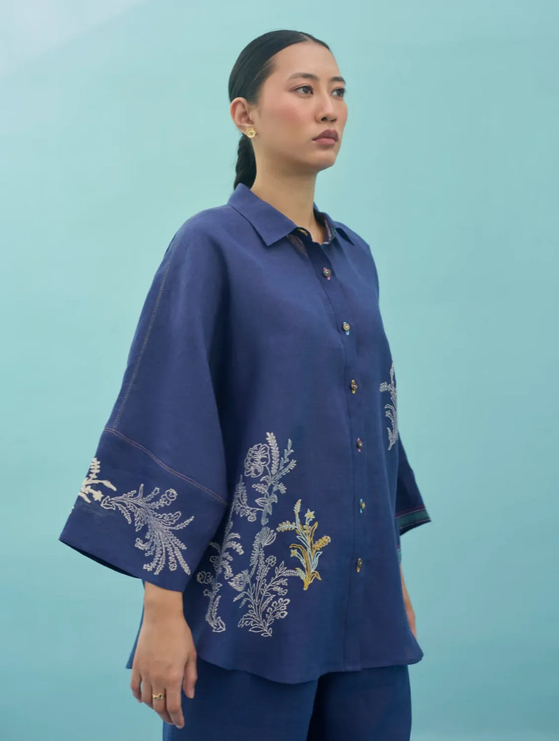Iva Block Printed Floral Embroidered Shirt - Indigo linen top/shirt by Manan in navy for women in Singapore