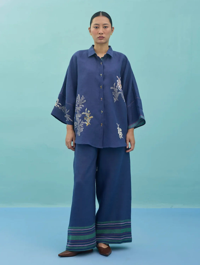 Iva Block Printed Floral Embroidered Shirt - Indigo linen top/shirt by Manan in navy for women in Singapore