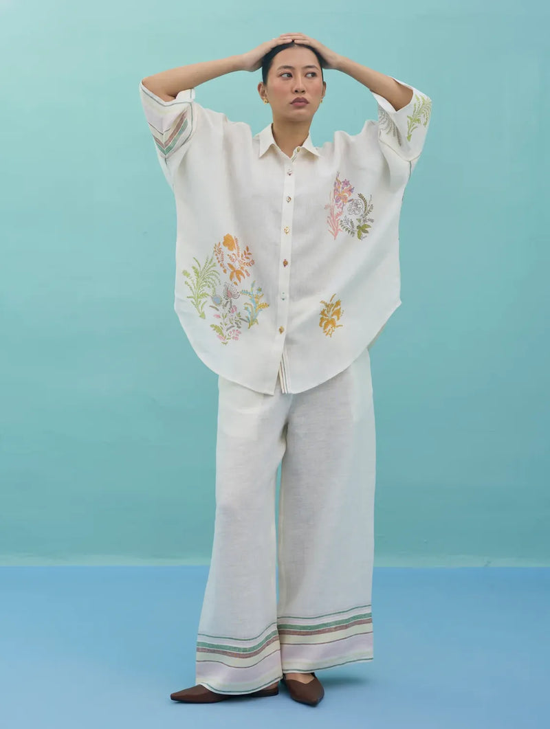 Iva Block Printed Floral Embroidered Shirt - Ivory linen top/shirt by Manan in ivory for women in Singapore