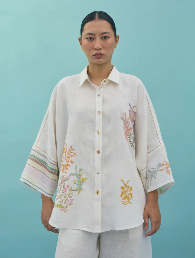 Iva Block Printed Floral Embroidered Shirt - Ivory linen top/shirt by Manan in ivory for women in Singapore