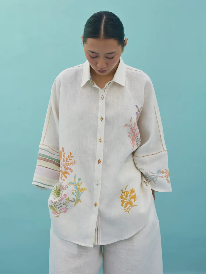 Iva Block Printed Floral Embroidered Shirt - Ivory linen top/shirt by Manan in ivory for women in Singapore