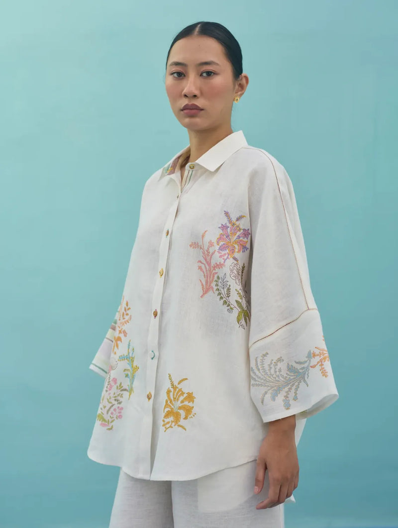 Iva Block Printed Floral Embroidered Shirt - Ivory linen top/shirt by Manan in ivory for women in Singapore