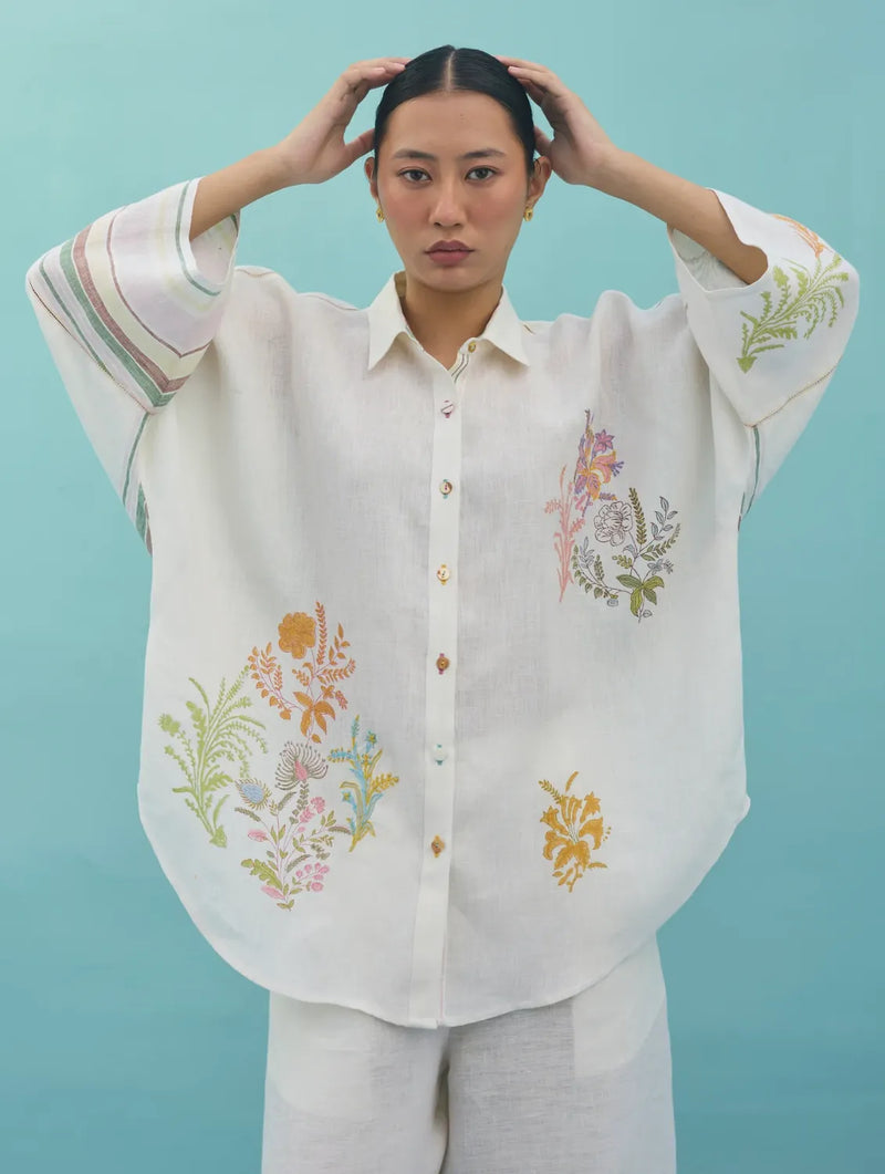 Iva Block Printed Floral Embroidered Shirt - Ivory linen top/shirt by Manan in ivory for women in Singapore