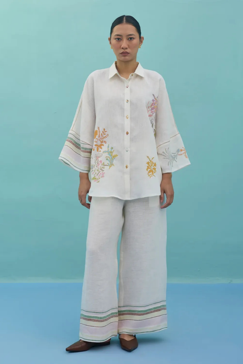 Iva Block Printed Embroidered Co-ord Set - Ivory linen co-ord set by Manan in ivory for women in Singapore