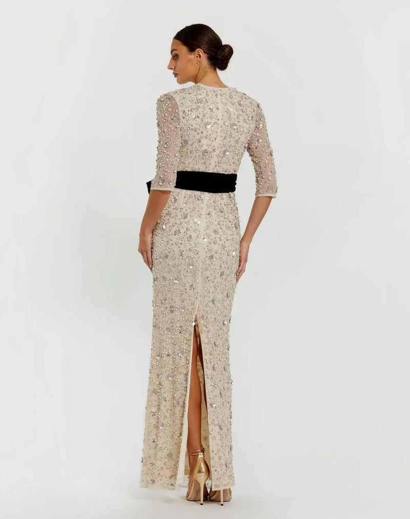 Ivory Embellished Evening Gown with Velvet Bow by Mac Duggal in white color for women in Singapore