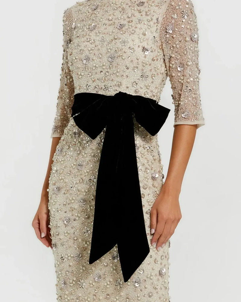 Ivory Embellished Evening Gown with Velvet Bow by Mac Duggal in white color for women in Singapore
